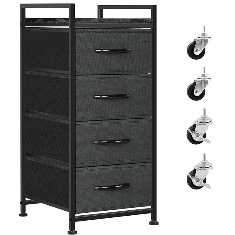 Fabric Storage Dresser Bedroom 4 Drawer Storage Organizer Unit Vertical Drawer Small Nightstand with Rolling Casters (Dark Gray)