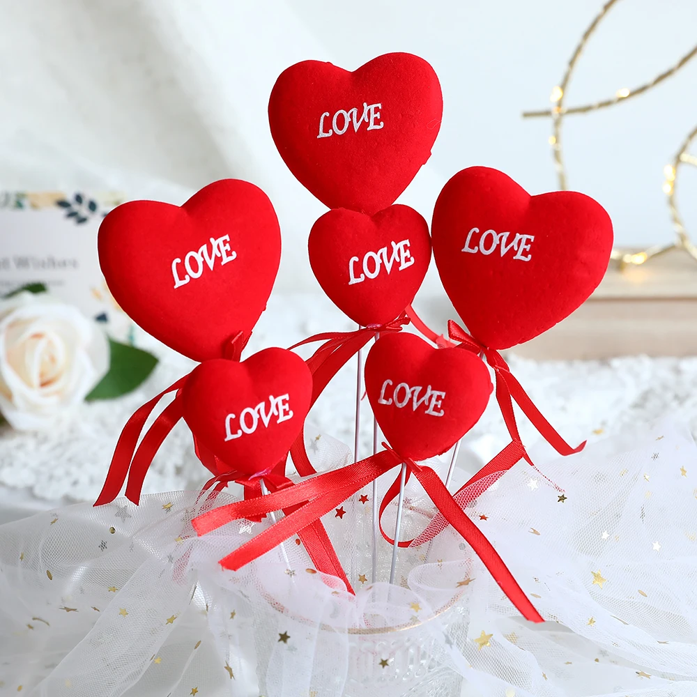 6/12Pcs Valentine‘s Day Decoration Glitter Foam Red LOVE Heart Bouquet White Bear Sticks Branches Home Cuttings Wedding Supplies