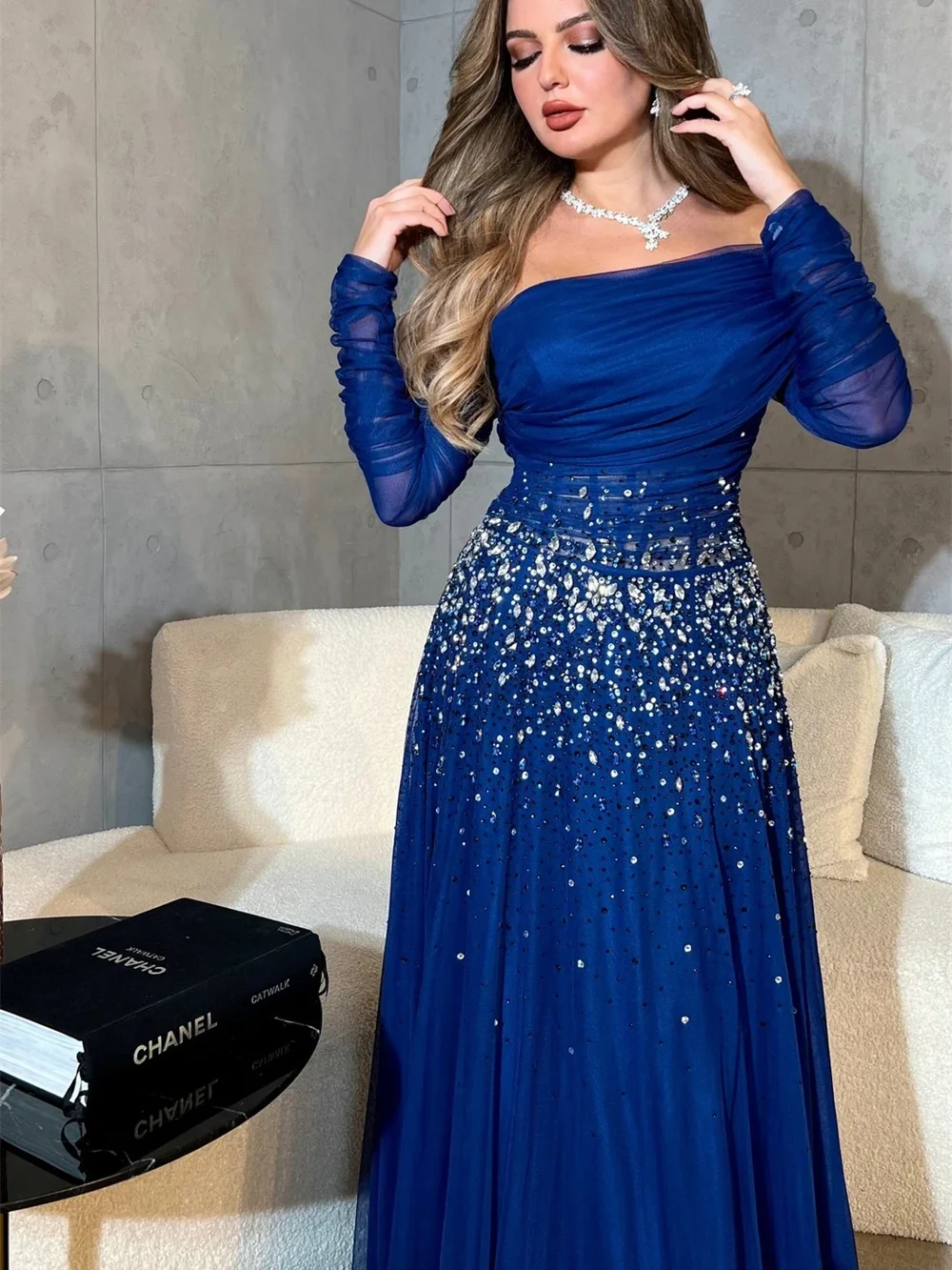 Oisslec Prom Dresses High Quality Sequin Off the Shoulder Empire Party Dress Floor Length Long Sleeve Ruched Formal Evening Gown