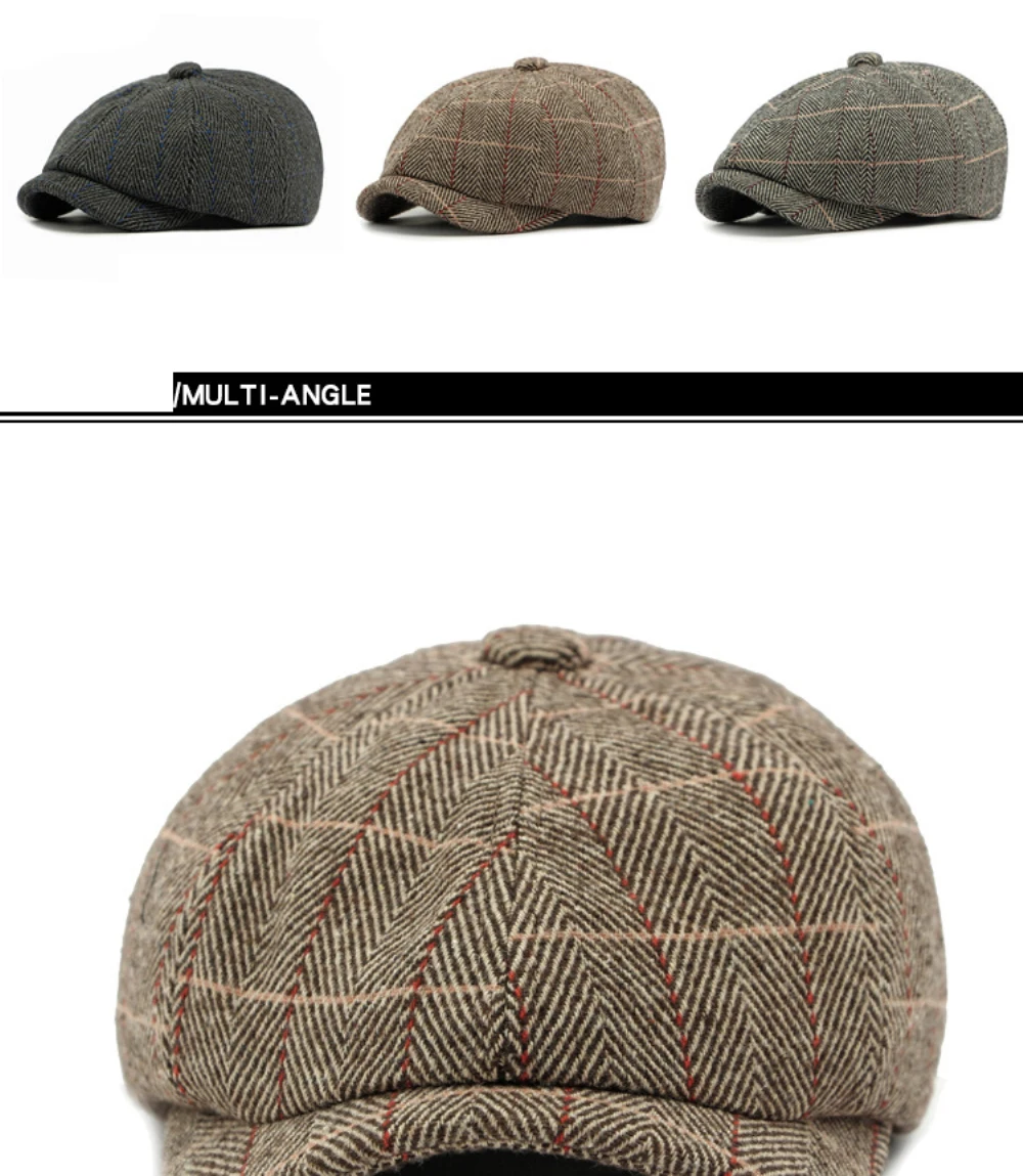 HT4557 Männer Frauen Berets Neue Herbst Winter Hut Retro Achteckige Flache Kappe Künstler Maler Baskenmütze Hut Männlich Weiblich Plaid Ivy Baskenmütze Kappe – Detail 4