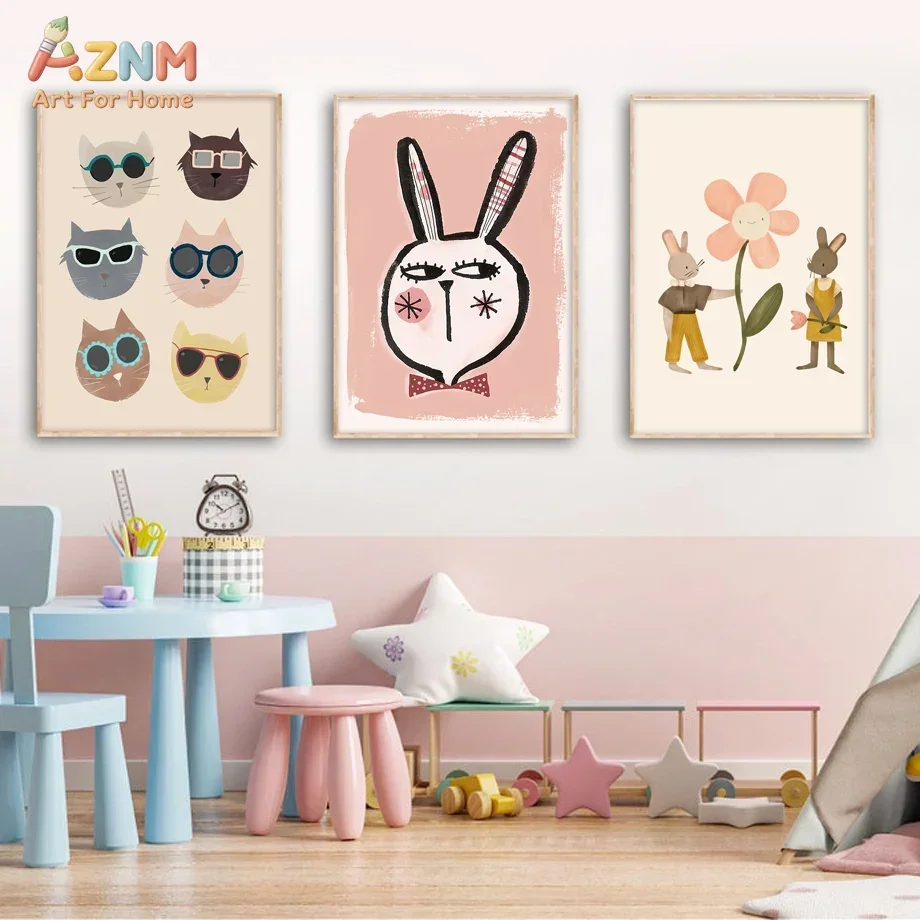 AZNM Frameless Canvas Poster Cartoon Cat With Sunglasses Abstract Rabbit Floral Print, Cute Animal Wall Art Picture for Kids Pla