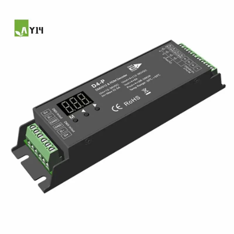 AY14 -D4-P 4 Channel PWM Constant Voltage DMX &RDM LED Decoder Controller Digital Display XLR3 RJ45 Port DC12-36V Input 8Ax4ch B