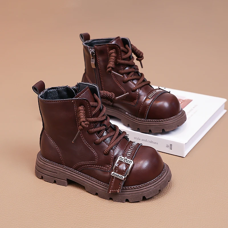 الأطفال عالية الجودة الأحذية الجلدية الفتيان النمط البريطاني طفل أحذية الفتيات موضة الجانب البريدي إغلاق الخريف أحذية بوتاس الفقرة Niñas