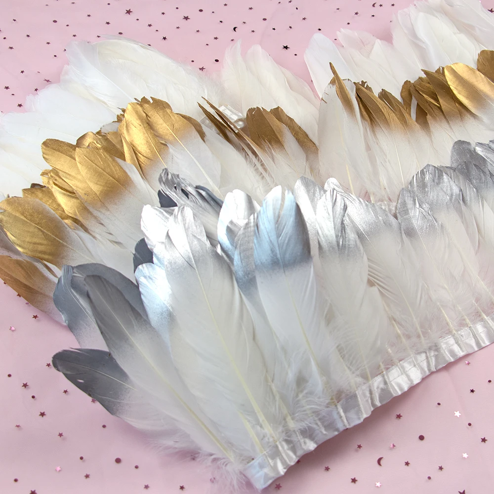 Wholesale Gold Silver Goose Feathers Trim Fringe Wedding Dress Decoration Plumes for Craft Geese Feather Ribbon Diy Accessories