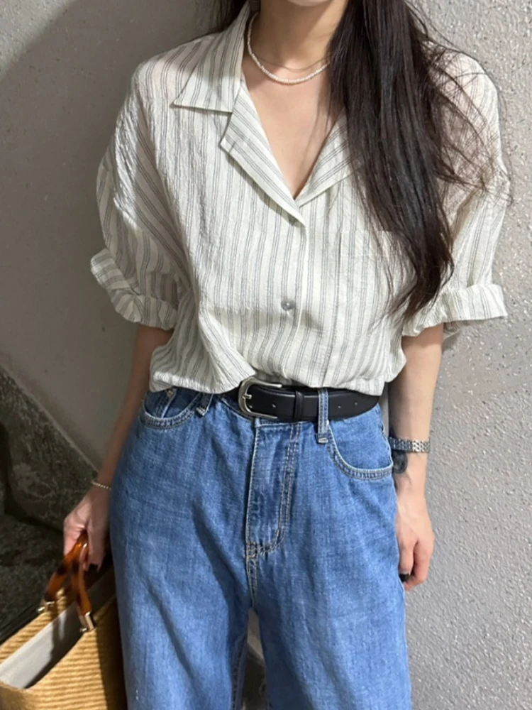 Style Women's Loose Lazy Vintage Striped Shirt Thin Design Short Sleeve Turn-down Collar Blouse Korean Version Summer F...