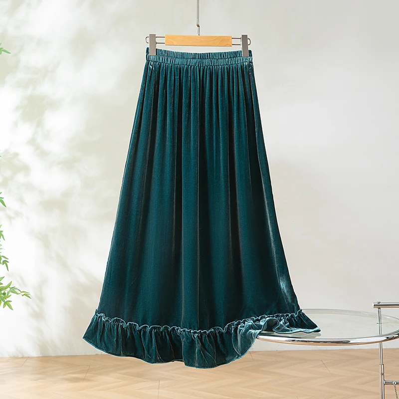 

Женская юбка-миди из 100% тутового шелка с подкладкой из бархатного шелка, зеленая юбка трапециевидной формы с эластичной резинкой на талии и оборками, офисные женские юбки QQ058