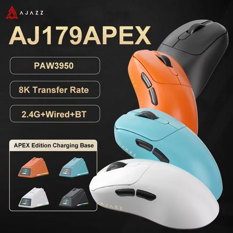 AJAZZ AJ179 Apex Gaming Wireless Mouse PAW3395 with RGB Charging Base Ergonomic AJ179 Pro Gamer Mouse Lightweight for PC Laptop