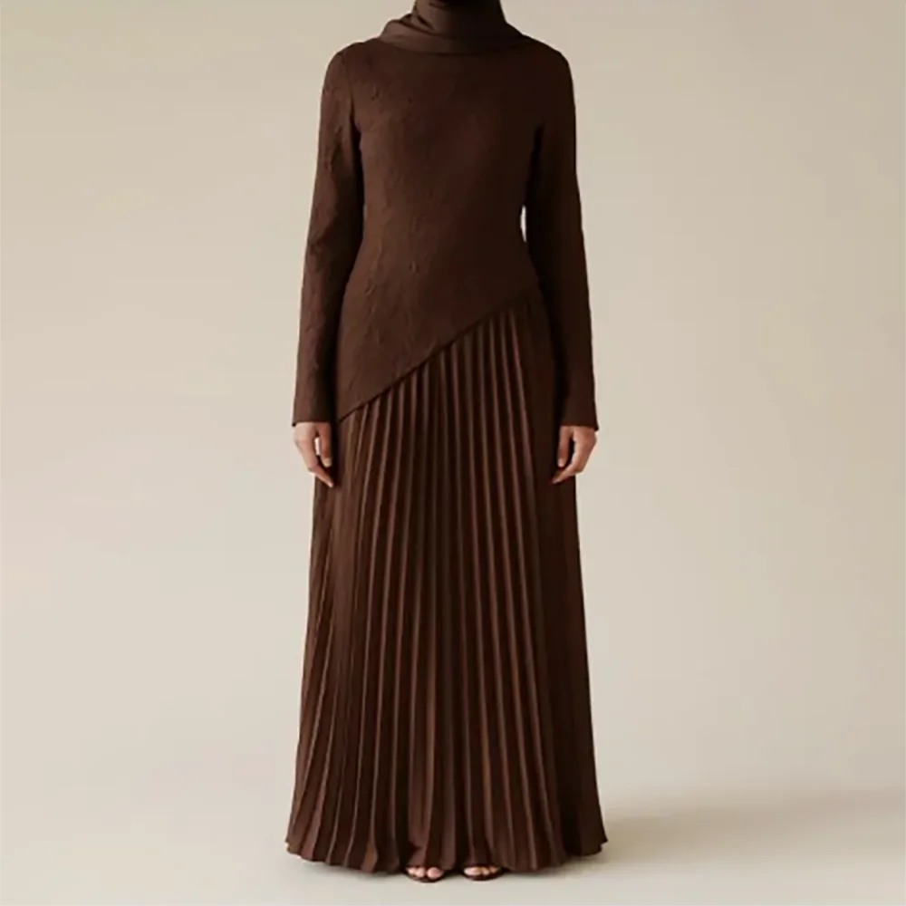 

Brown Evening Dress Long Sleeves O-Neck A Line Floor Length Evening Gowns Saudi Arabian Muslim Formal Party Dresses Customized