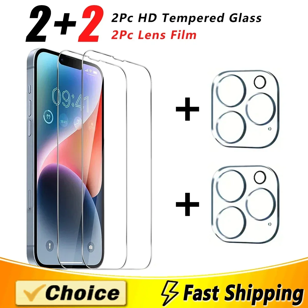 2Pcs HD Tempered Glass + 2Pcs Lens Protective Film,For iPhone 11 12 13 15 14 Pro Max 12 Mini 14 Plus Screen Protector Glass Set