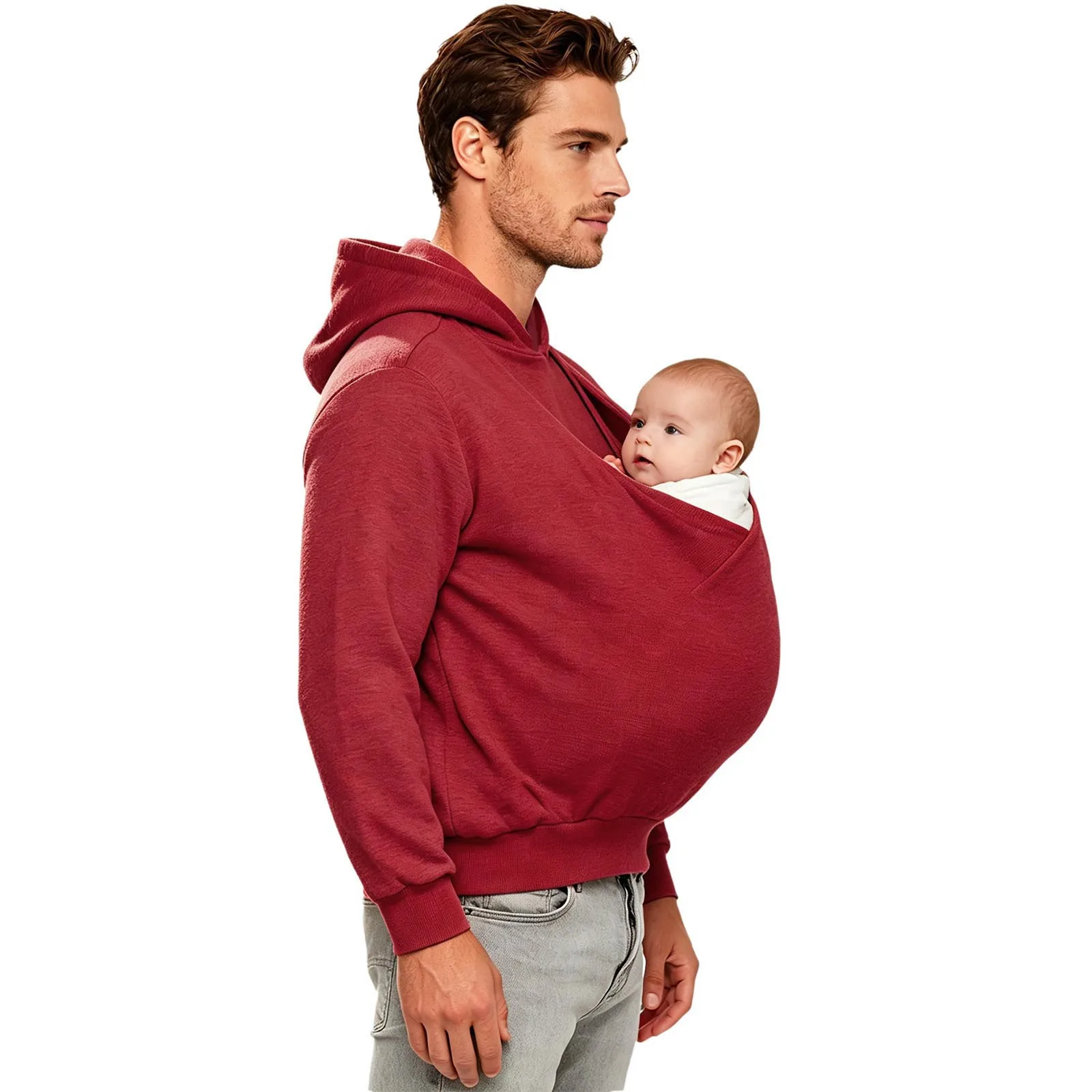 Herren-Känguru-Hoodie für Väter und Babytragen, einfarbig, mit großer Tasche vorne, Kapuzen-Sweatshirt, lässiger Langarm-Pullover – Detail 25