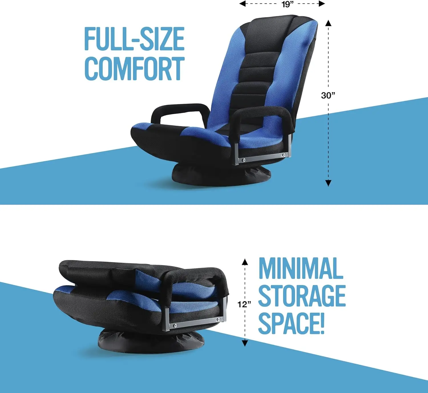 Swivel Floor Gaming Chair, 6 Adjustable Positions, Removable Armrests, Foldable, Blue & Black Stripe