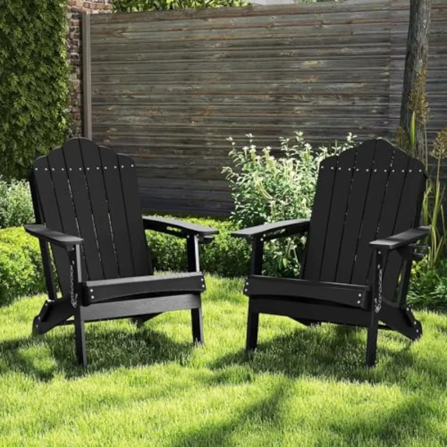 Outdoor Folding Adirondack Chair, HDPE Armchairs with Cup Holder, Weather Resistant Lounger Chair for Patio Garden Fire Pit Bac