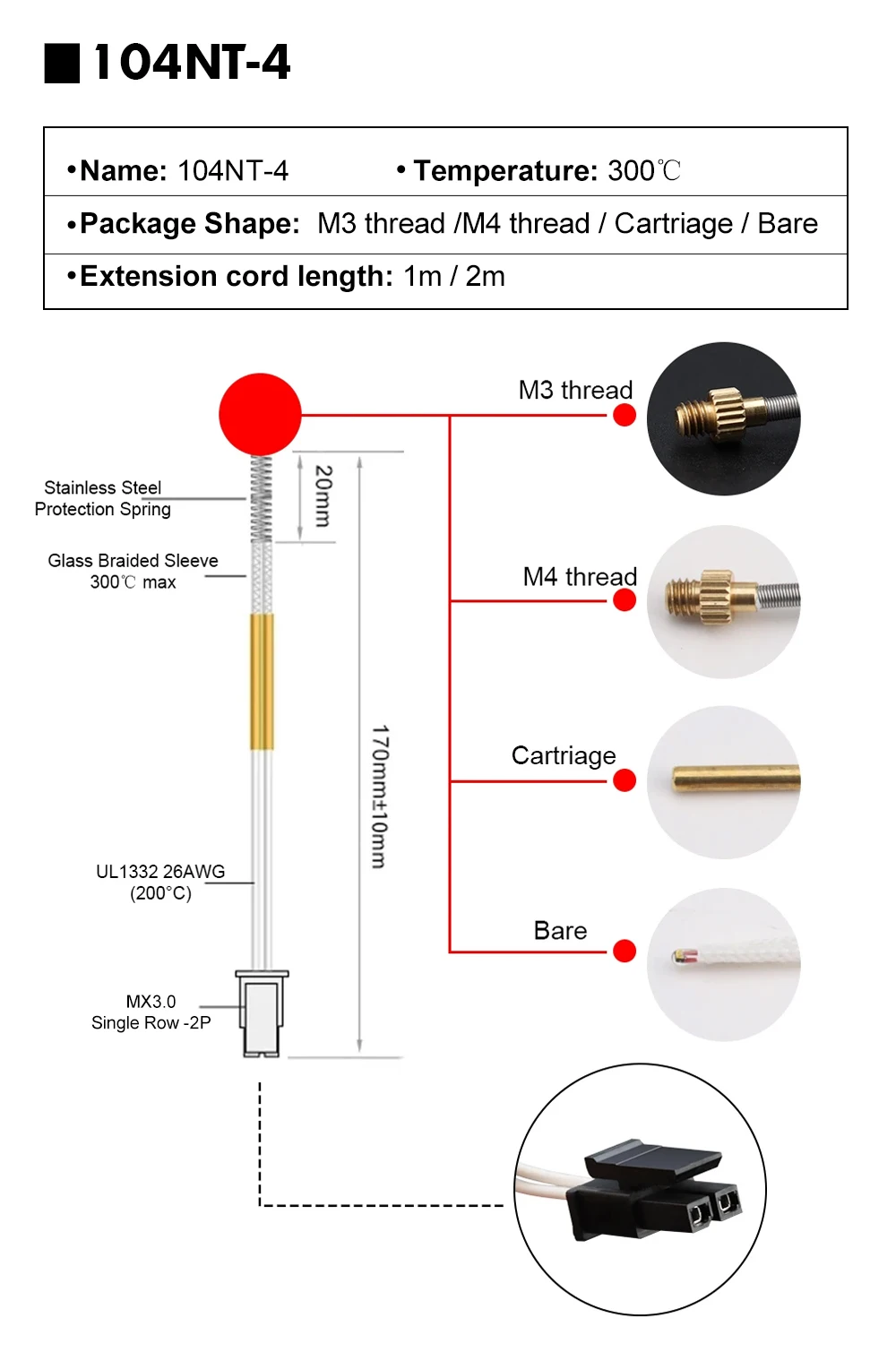 C Trianglelab ® Glaskopf 100K 3950 1M & 2M 100k Ohm B3950 Thermistor 280 ℃ für Ender 3 CR10 Ender 5 Rapido Hotend – Detail 28