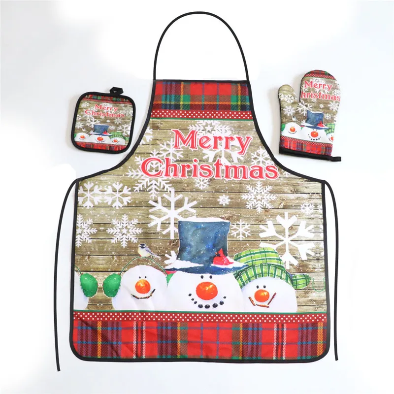 

3Pcs/set Christmas Printed Kitchen Oil-proof Apron Oven Glove Baking Heat Insulation Table Mat Xmas Party Decoration