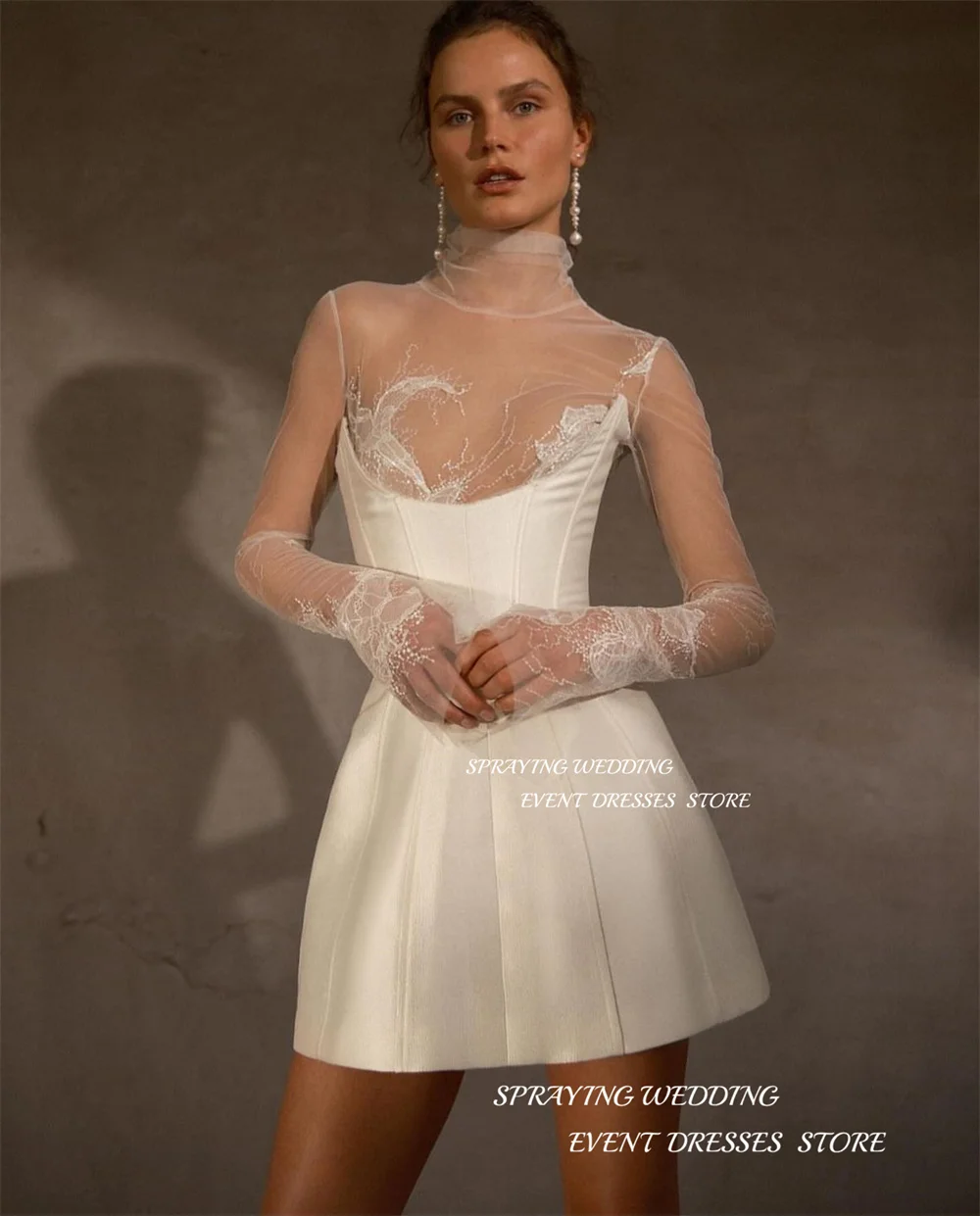 Éventuelles RAYING-Mini robe de mariée en dentelle A-Line, robe de soirée à col haut, manches longues, longueur mini au-dessus du genou, 2024