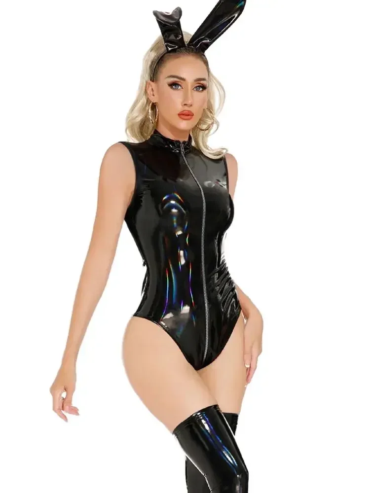 Sleeveless Laser Wet Look PVC Catsuit Shiny PU Leather Zipper Open Crotch Bodysuit Tights Cosplay Clubwear Hot Sexy Body Teddies
