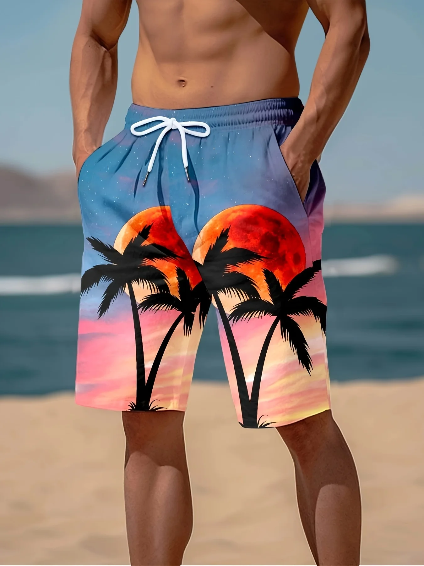Pantalones cortos con temática de playa de Estilo Hawaiano para hombre, estampado de patrón de puesta de sol 3D, pantalones cortos casuales para