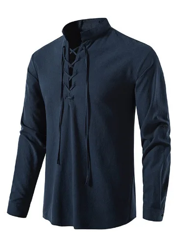 Cotton Linen Henley Long Sleeve Shirt Men Stand Collar Loose Hippie Casual Beach Breathable Vacation Daily Male Blouse