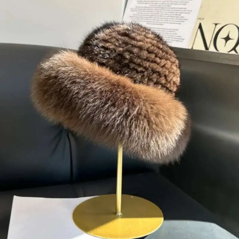 Real Mink Fur Hat For Women Winter Fashion Fisherman Hat Natural Mink Fur Hat With Fox Fur Beanies Russians Knitted Bomber Hat