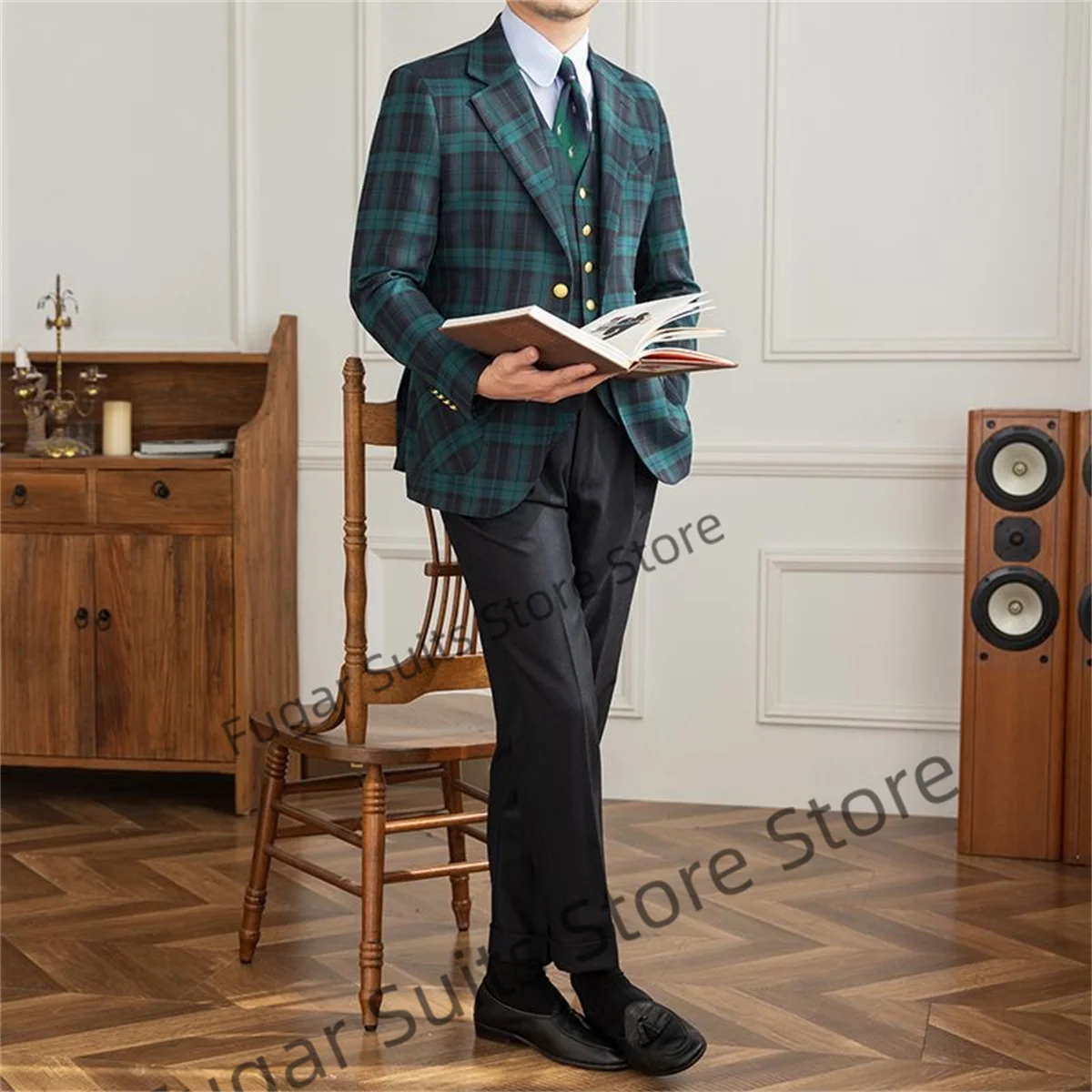 English Style Plaid Men Suits Slim Fit Notched Lapel Wedding Groom Formal Tuxedos 3Pieces Sets Elegant Male Blazer Costume Homme