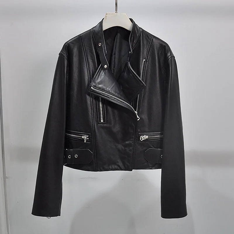 Blouson de motard en cuir de mouton véritable pour femme, épaules tombantes, col montant, à la mode, nouveauté 2022, AEL4943