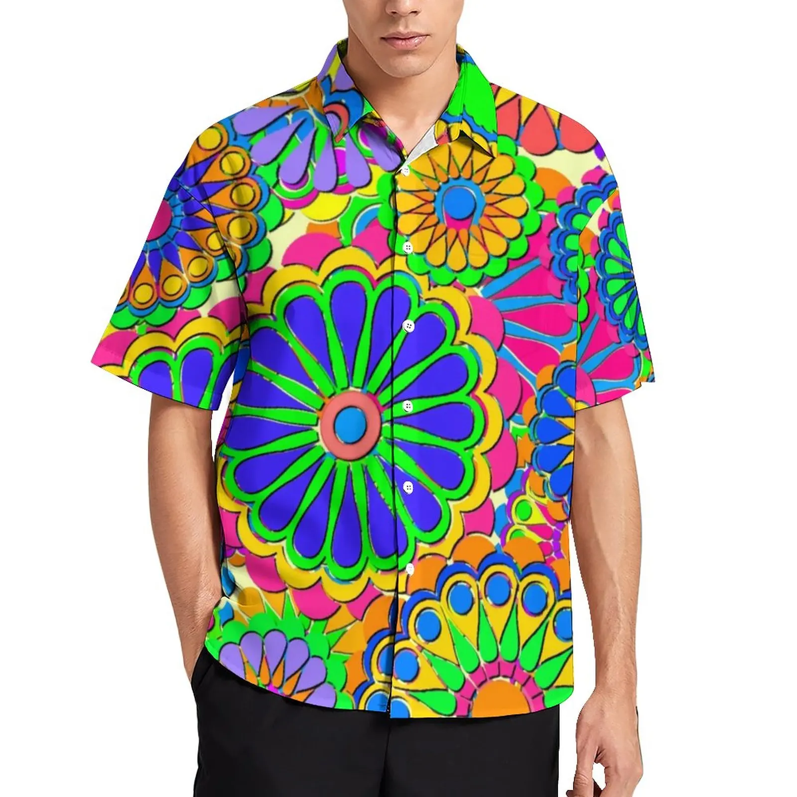 Colorful Flower Power Casual Shirts Bright Hippy Style Beach Shirt Hawaiian Short-Sleeve Y2K Blouses Graphic Clothing Plus Size