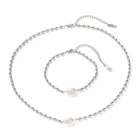 Youthway Delicate Shiny Natural Freshwater Pearl Oval Chain Bracelet Necklace Women Summer Waterproof Jewelry Set Bijoux