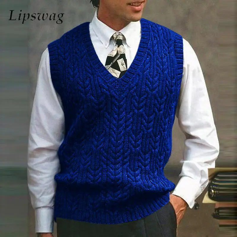 

Fashion Knitwear Men Vintage Twist Jacquard Knit Vest Pure Color V Neck Sleeveless Sweater Mens Spring Casual Knitted Tank Tops