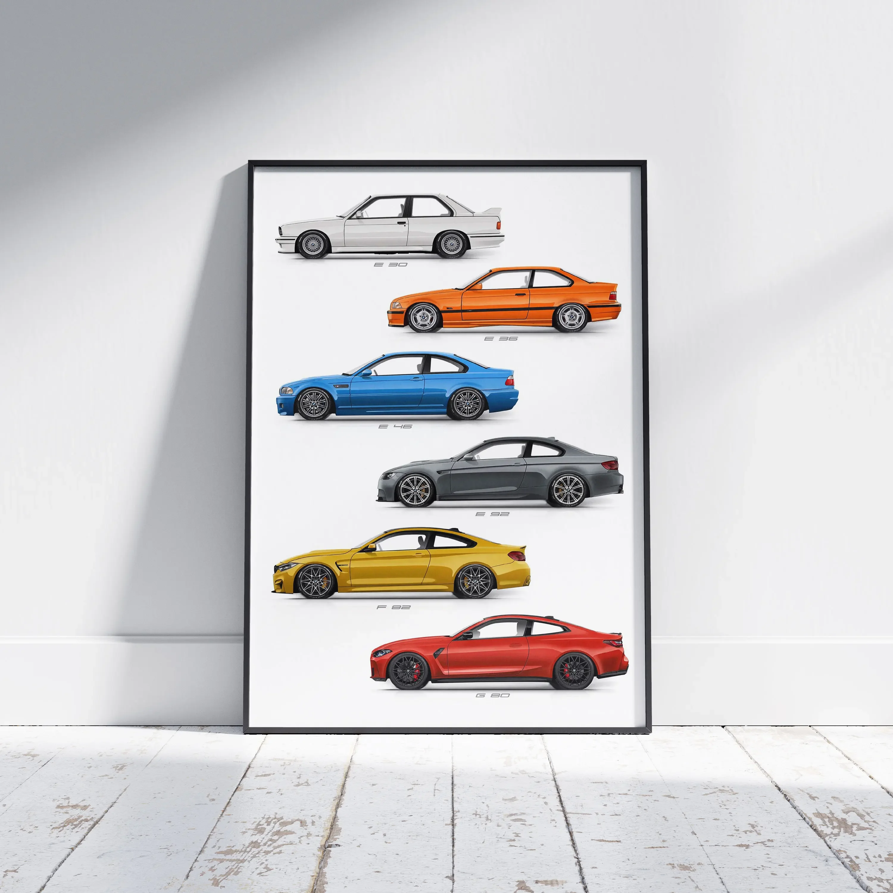 Oldtimer E30 E36 E46 E92 F82 G80 Generation Wandkunst Poster Druck Leinwand Gemälde Schlafzimmer Home Dekoration Geschenk für Autoliebhaber