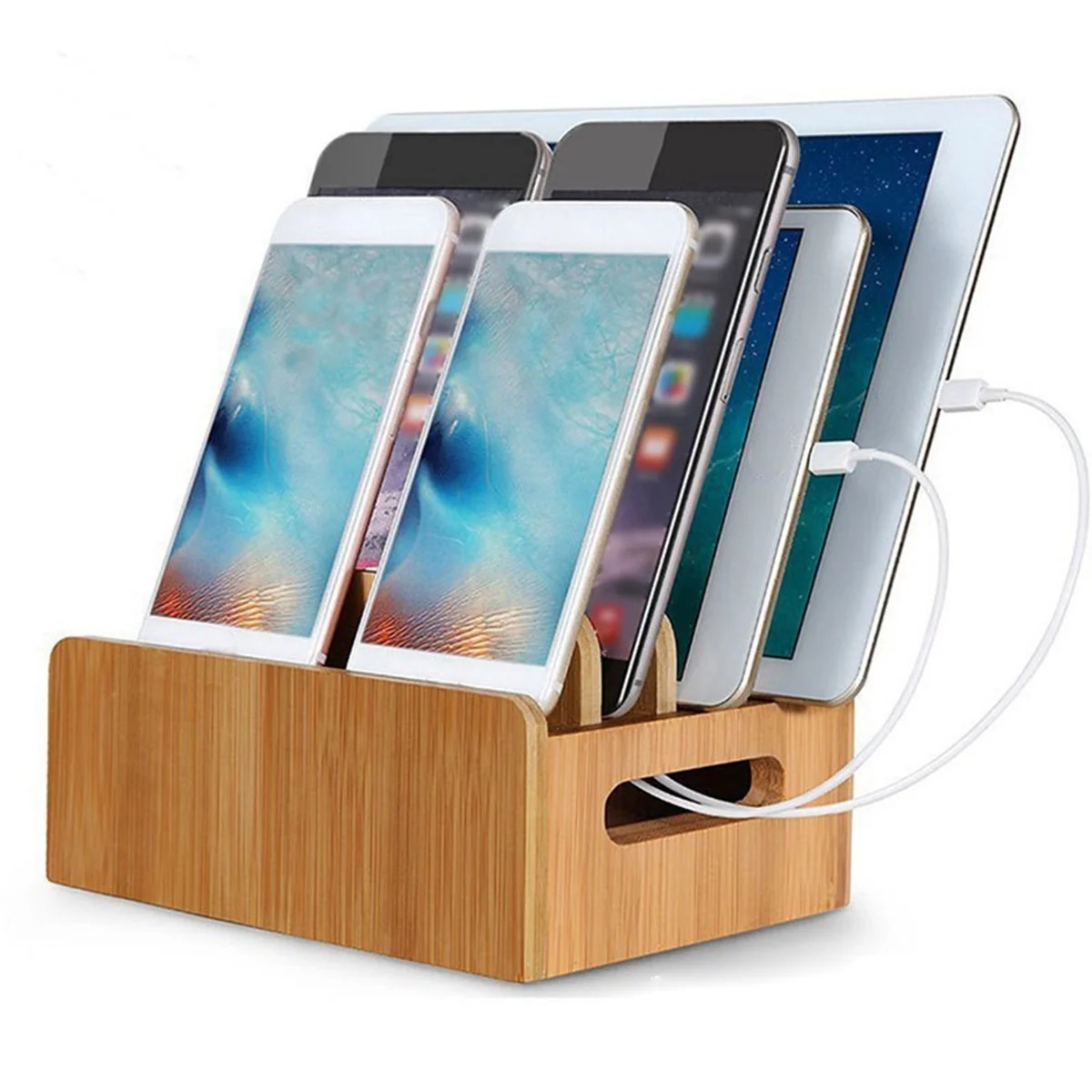 Mobile Phone Flat Bracket Bamboo Wood Multi-Device Charging Station Organizer Office Bracket