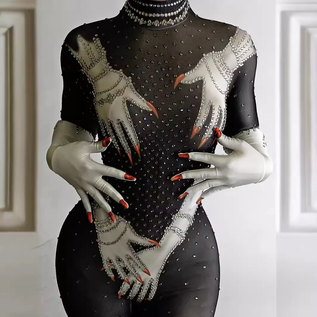 Tuta da donna sexy Mani da donna Zentai Paillettes lucide Modello stampato Body Costumi di spettacolo per feste di carnevale di Halloween