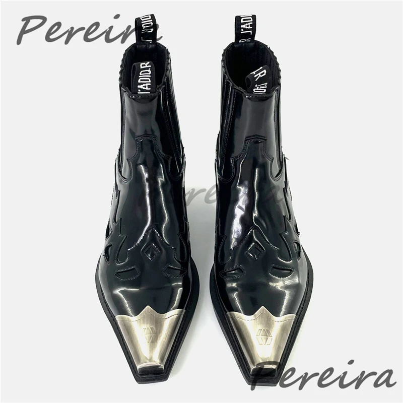 Retro Metal Pointed Toe Chelsea Boots for Men Women Punk Glossy Leather Thick Heel Western Boots Trendy Versatile Men's Shoes