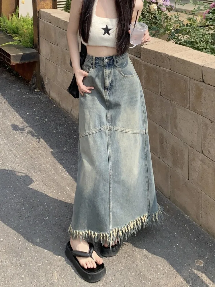 

GUUZYUVIZ Vintage Distressed Denim Skirt Women Tassel Panel High Waist Summer Long Jean Skirts For Ladies