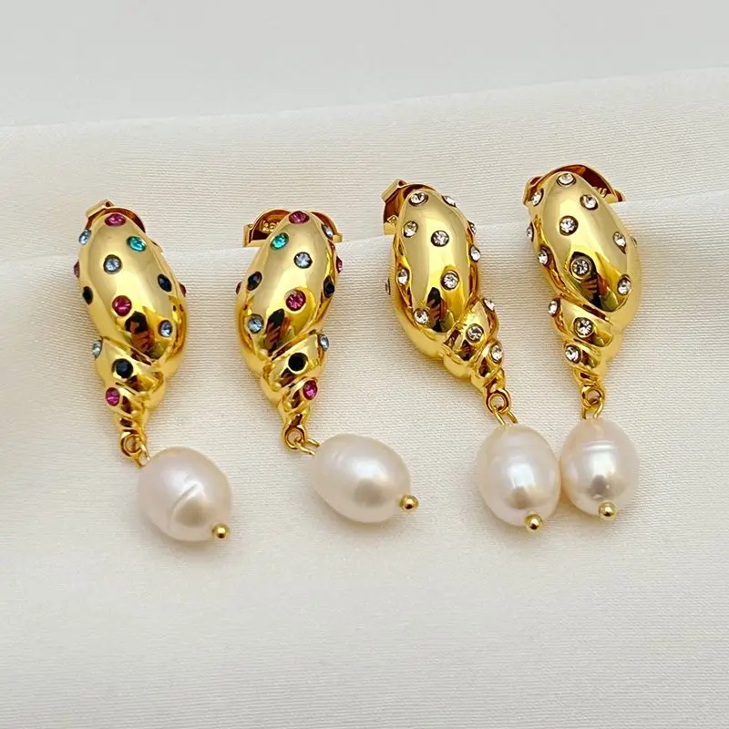 

Fashion Light Luxurious Elegant Sparkling Colored Zircon Inlaid Snail Animal Natural Freshwater Pearl Pendant Women's Earrings