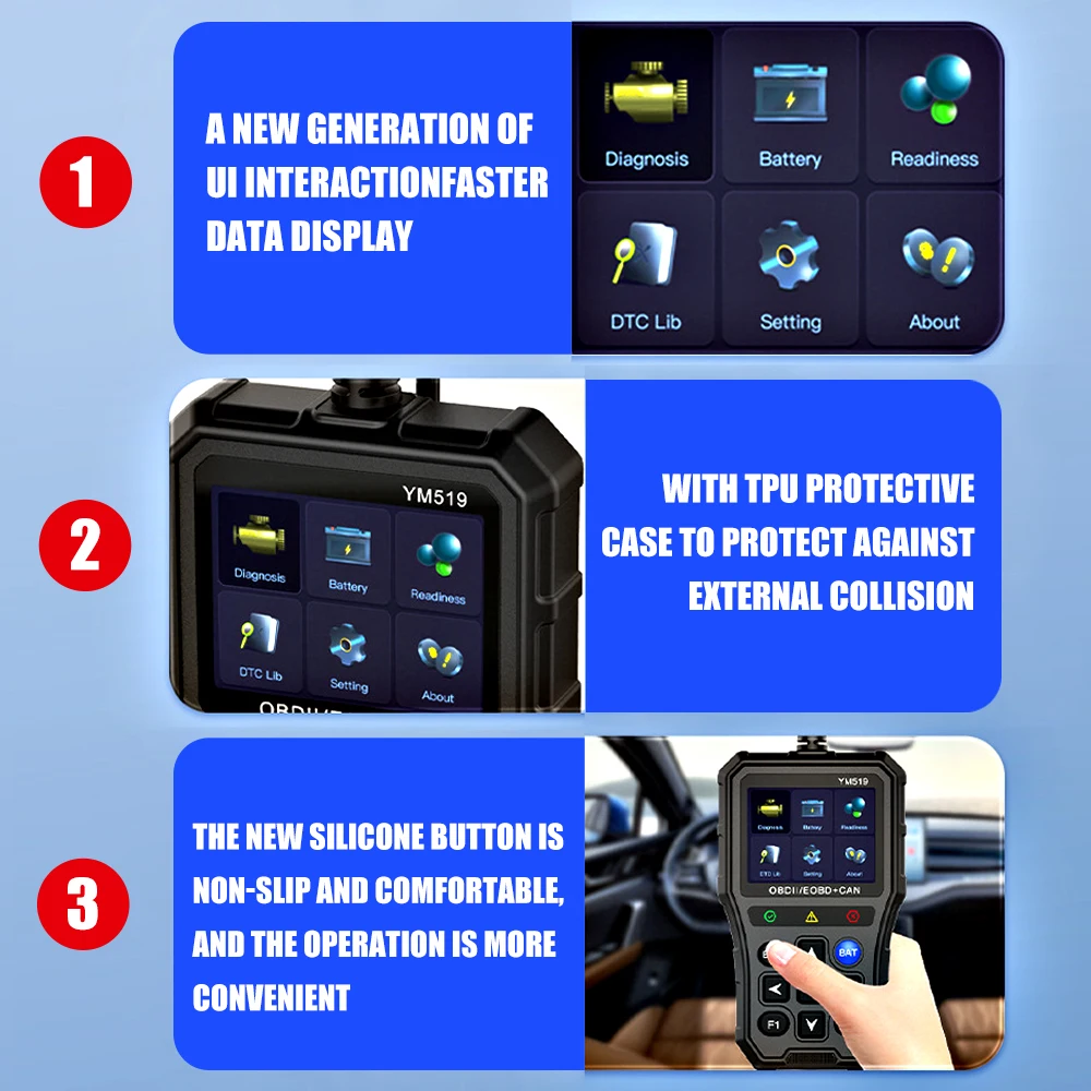 Picture 3: YM519 OBD Car Fault Detector Engine Testing Tool Code Reader Fault Code Scanner Multi-language OBD2 Scanner Auto Diagnostic Tool