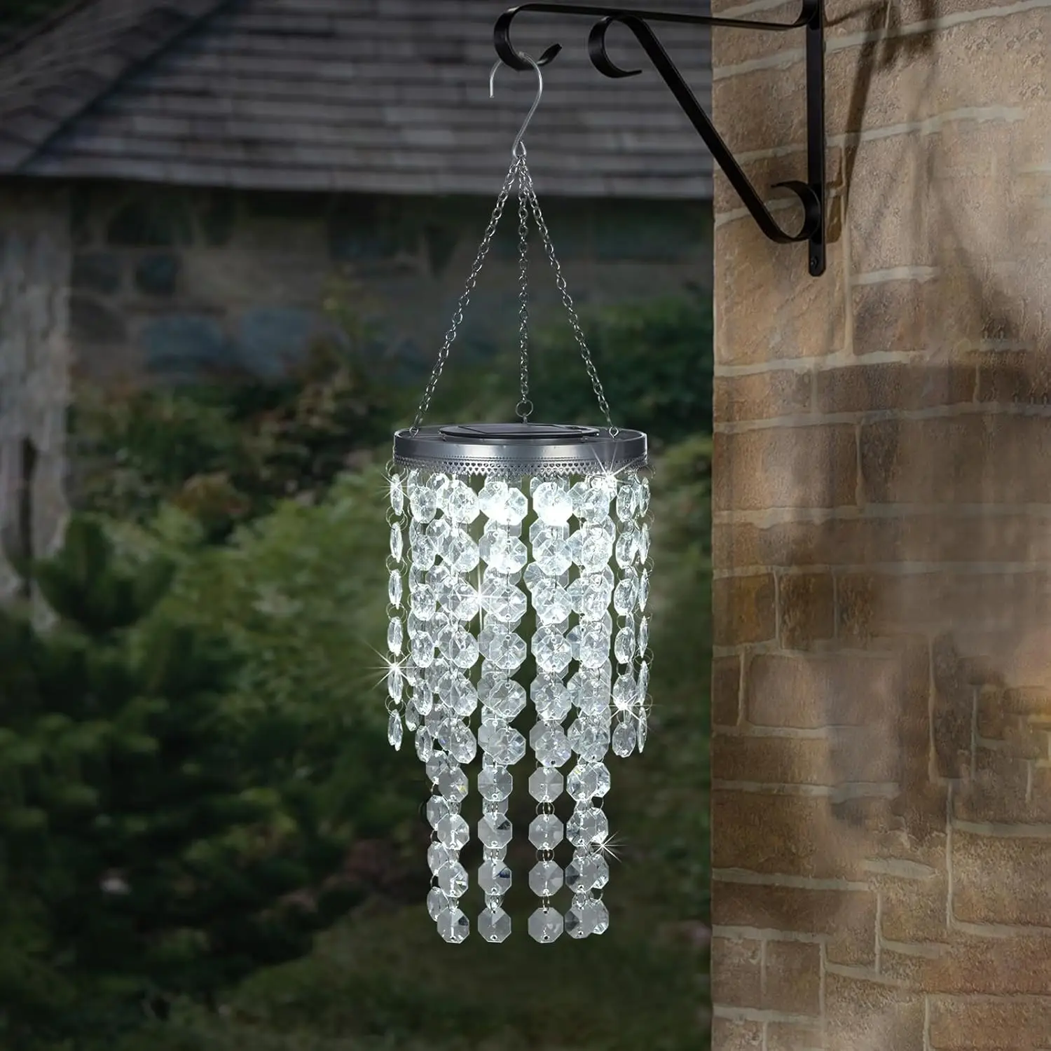 Linterna Solar colgante de 2 niveles, candelabro de cuentas acrílicas transparentes de 21' con LED blanco frío para decoración de jardín, Patio y exteriores