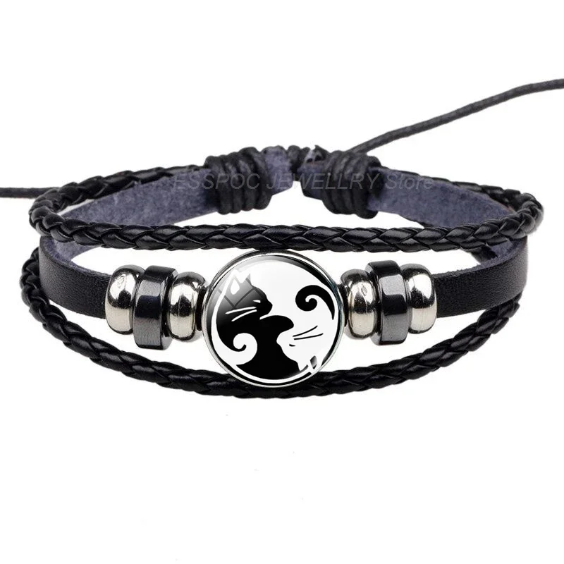 Yin Yang Bracelet Tree of Life Braided Leather Pubk Black Bracelets Tai Chi Craft Supplies Life Tree Glass Dome Jewelry Men Gift