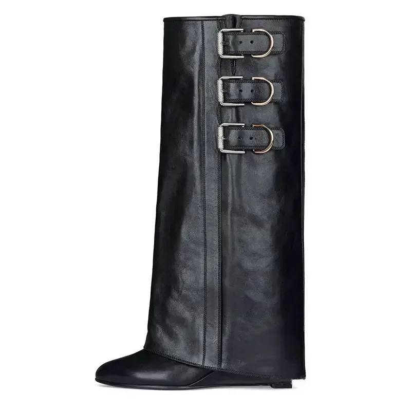 Autumn/Winter New Fashion Belt Buckle Knee Length Skirt Boots Thick High Heel Cowhide/pu Thick Sole Women's Mid Length Boots 43