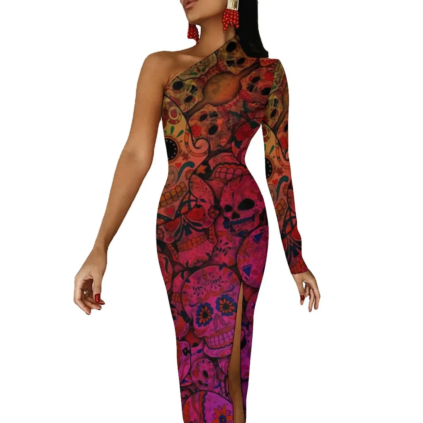 Halloween Long Dress Rainbow Sugar Skulls Print Street Style Maxi Dress Autumn Club Bodycon Dresses High Slit Graphic Clothing