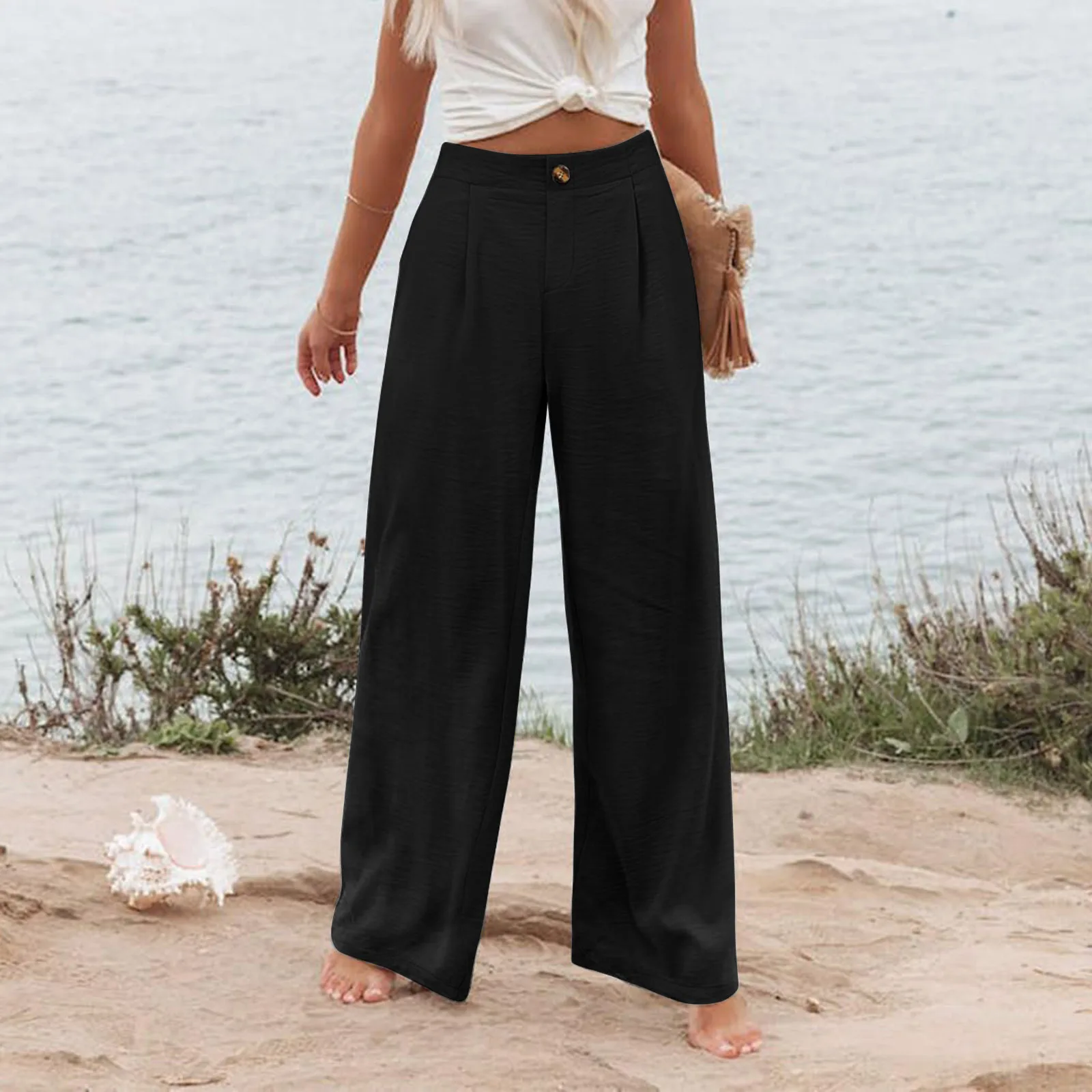 Cotton-Linen Pants Women's Casual Lightweight Trousers Pocket Button-Fastening Elastic Waist Lounge Pants