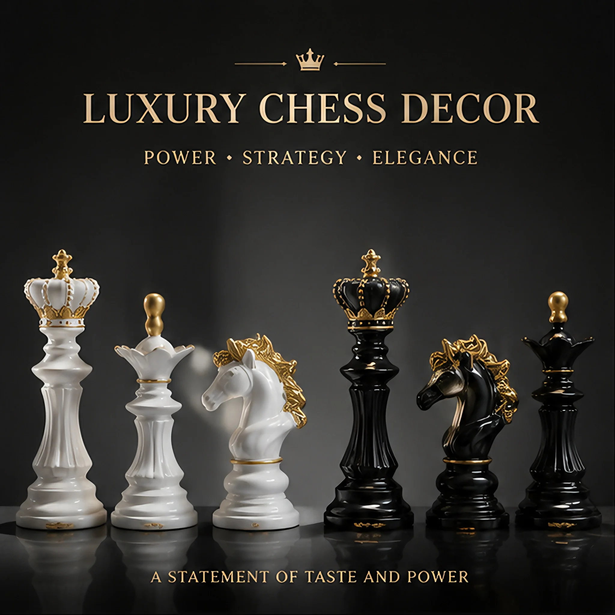 Luxury Crown Chess Pieces Resin Sculpture Set Black White King Queen Home Office Desk Decor Modern Art Gift Ornament