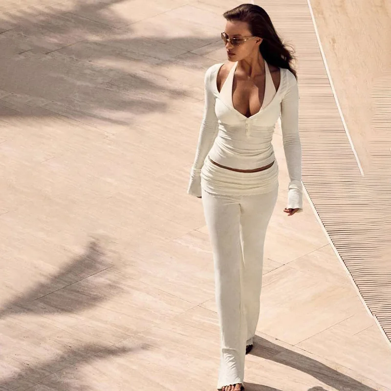 

Осень 2025 г., женский комплект из 2 предметов, спортивные костюмы, футболки с v-образным вырезом и длинными рукавами, футболки, топы + узкие брюки-клеш с рюшами, повседневный костюм