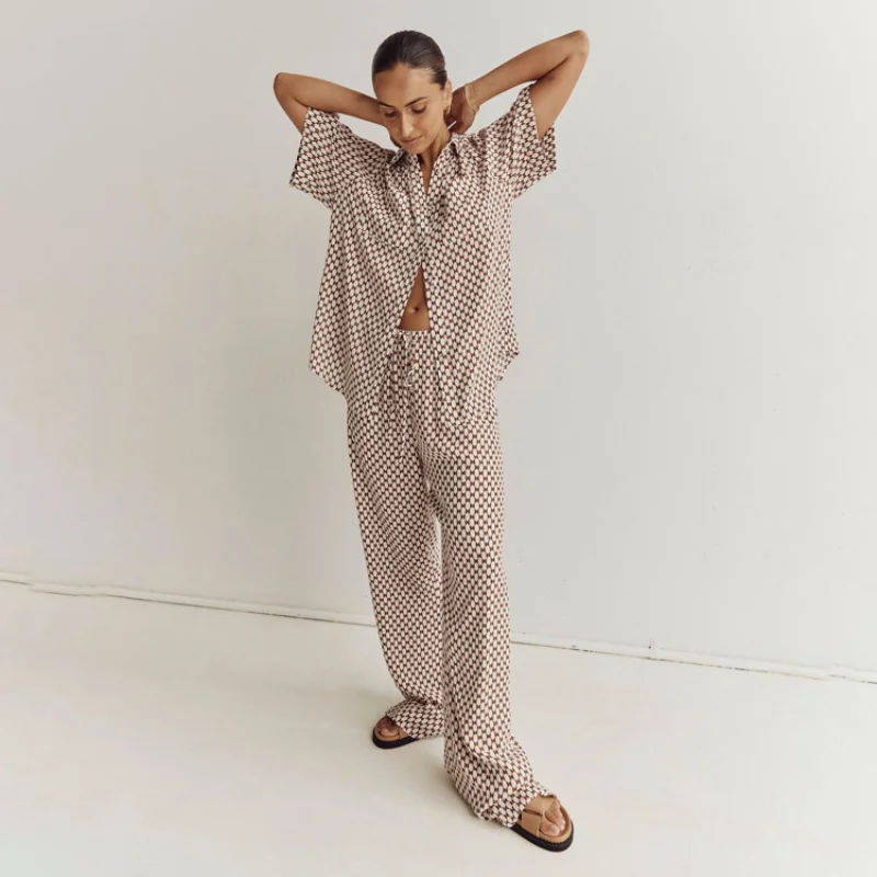 2023 Summer Print Casual Sets for Women Turn Down Collar Long Sleeve Tops + High Waist Loose Wide Leg Pants Two Piece New Suits