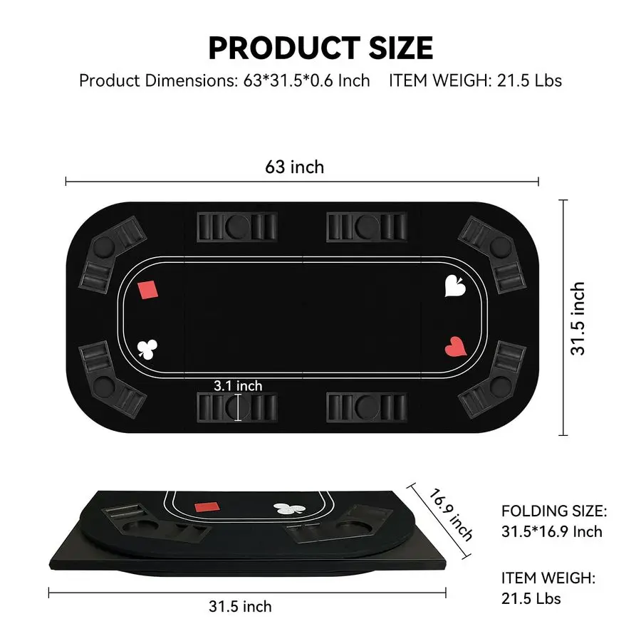 Piano da tavolo da poker 3 in 1, layout da tavolo per carte da poker Texas Holdem con feltro nero reversibile, tappetino pieghevole per tavolo da poker con