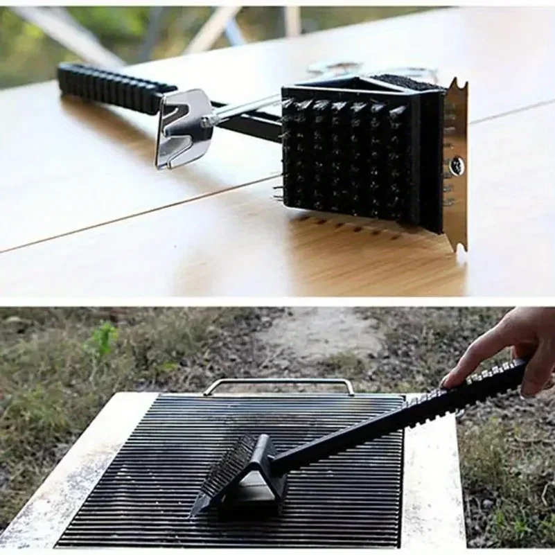 1PC 3 In 1 BBQ Grill Cleaner, Long Handle Copper Wire Brush Sponge Shovel Multifunctional Barbecue Oven Corner Cleaning Tool