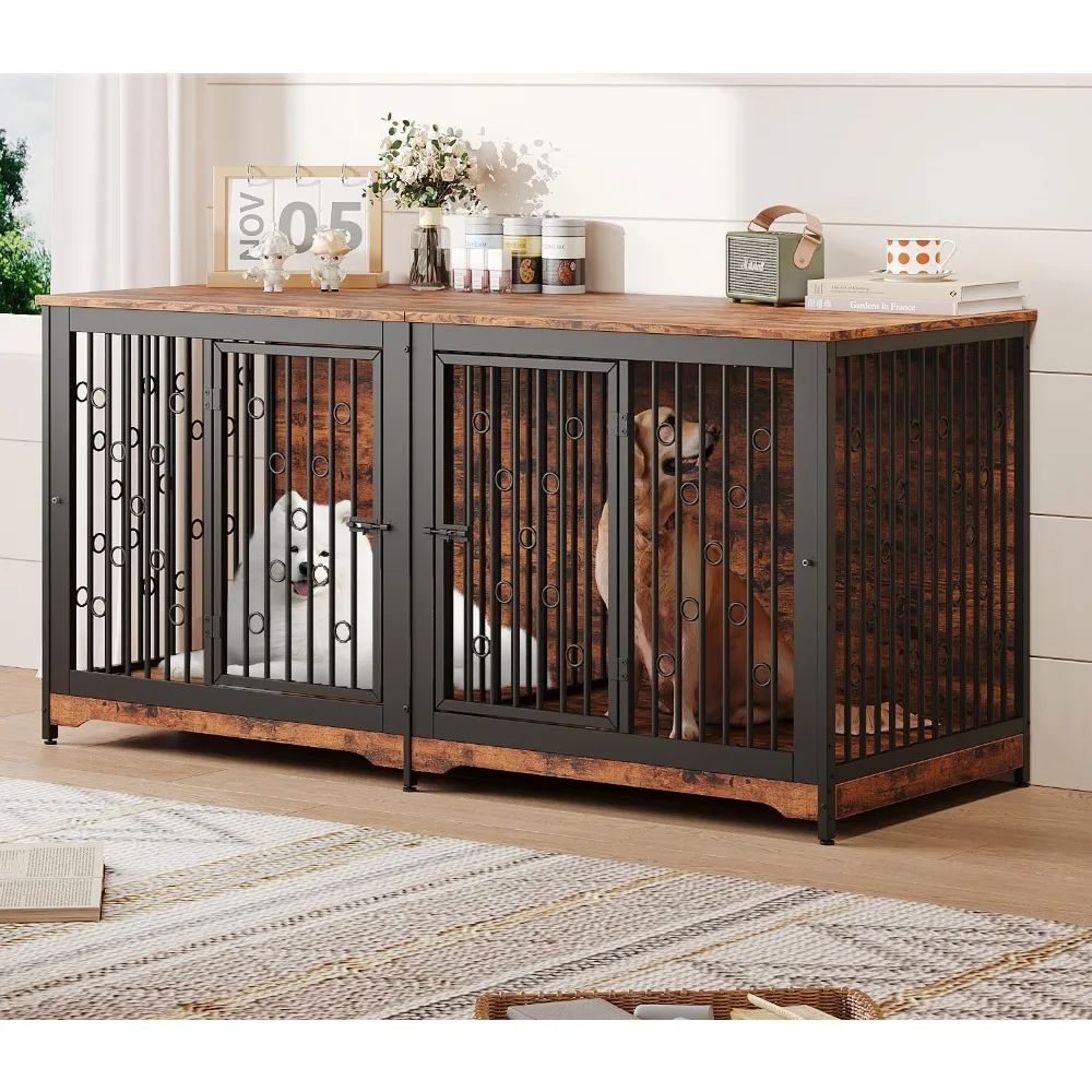 

71 Inch Dog Crate Furniture for 2 Dogs with Divider, XXL Wooden Double Dog Cage Furniture TV Stand, Sturdy Indoor Pet Kennel for