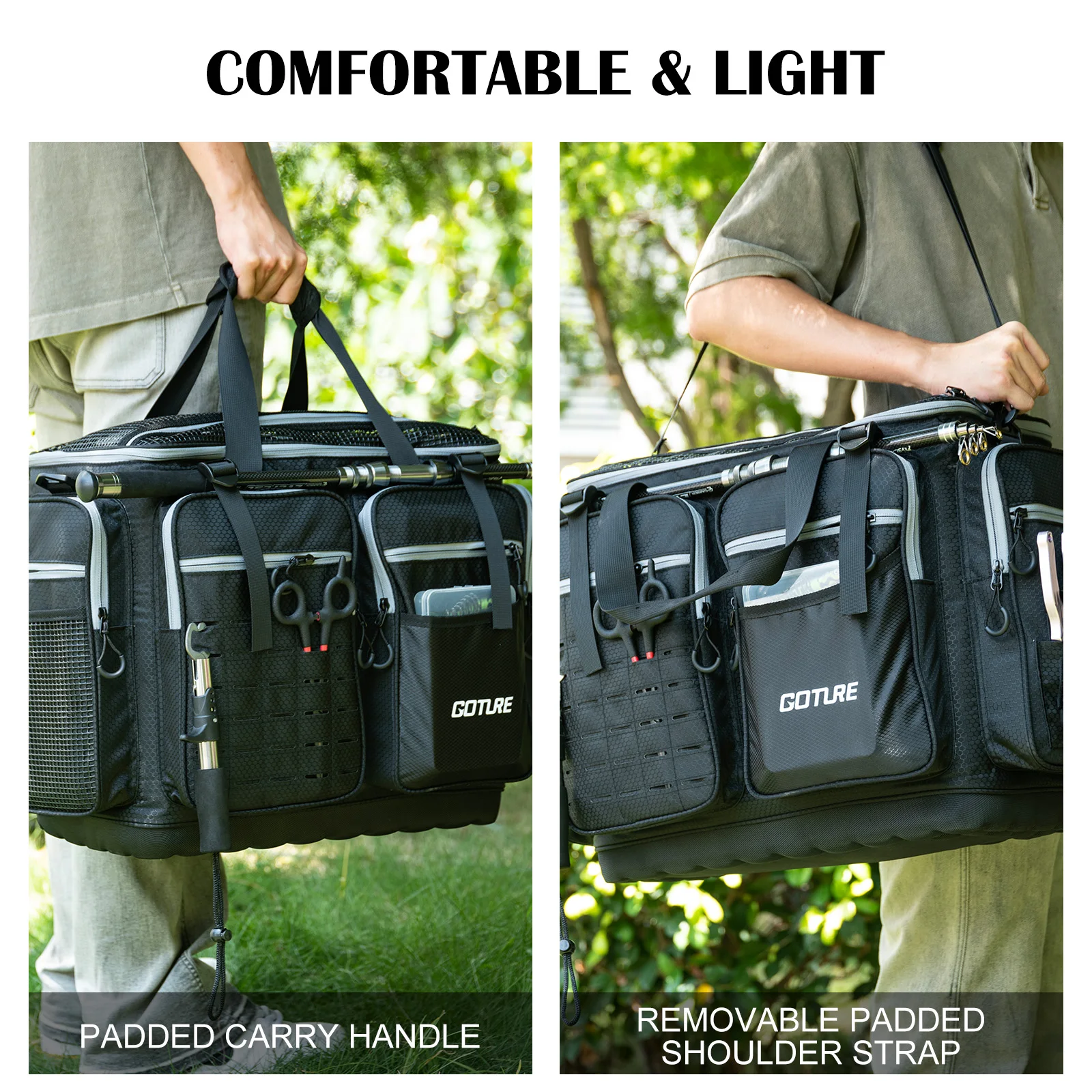 

Goture Multifunctional Fishing Tackle Pack 53*38*29cm Two-way Zipper Design 1680D Oxford Fabric Waterproof Outdoor Fishing Bag