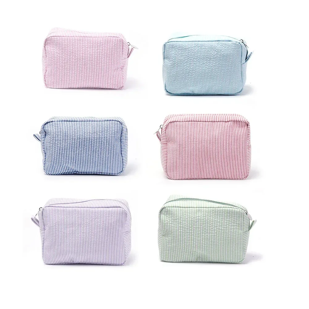 Striped Seersucker Makeup Bag with Ruffle, Large Capacity Travel Cosmetic Pouch with Zipper, Women Girls Toiletry Organizer