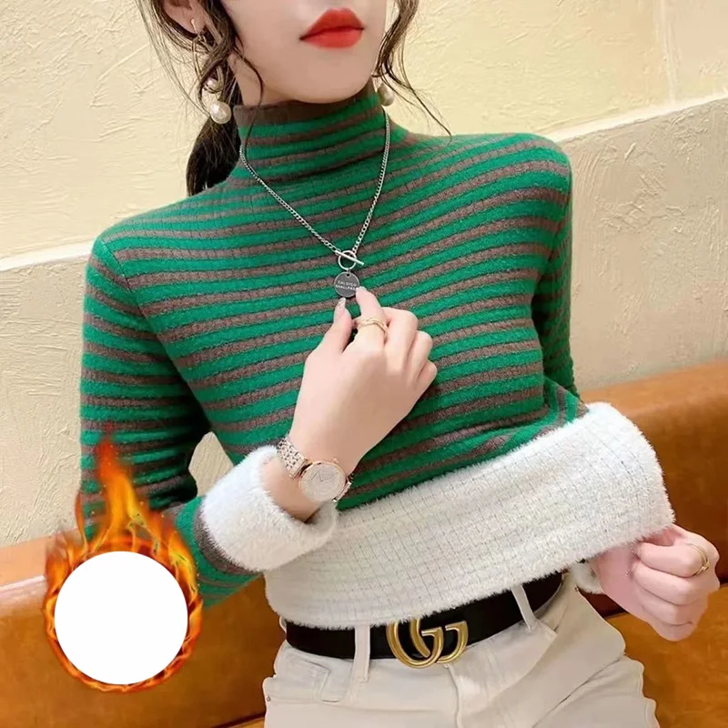 

2023 Autumn Winter KPOP Fashion Harajuku Slim Fit Tops Women Stripe Casual Pullover All Match Undershirt Patchwork Lady Sweaters