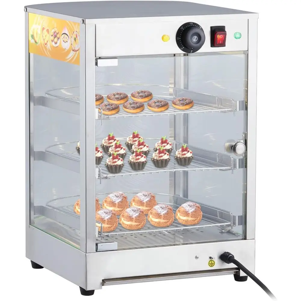 

Трехуровневая коммерческая настольная витрина-нагреватель для еды, электрическая витрина-нагреватель для продуктов из закаленного стекла со съемными полками и LED-подсветкой, сертифицированная